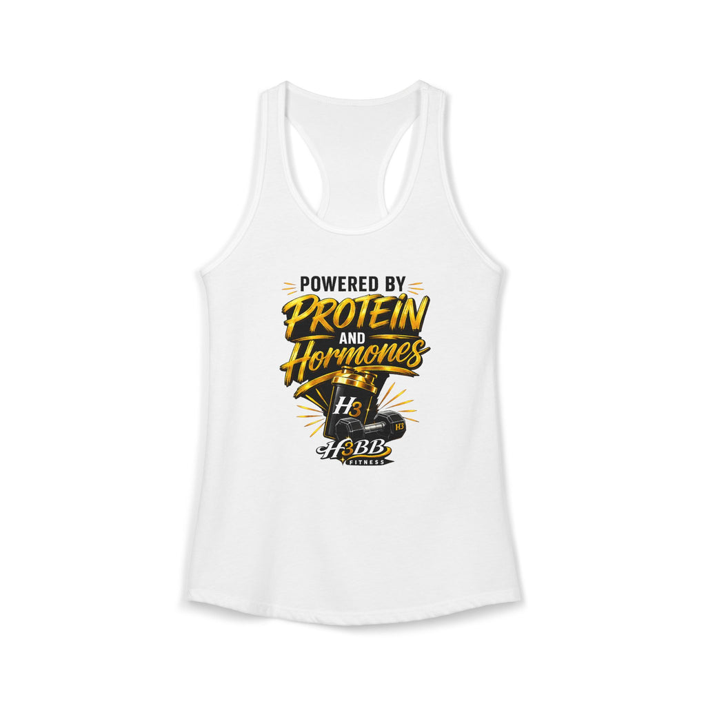 Powered By Protein and Hormones- Women's Racerback Tank White