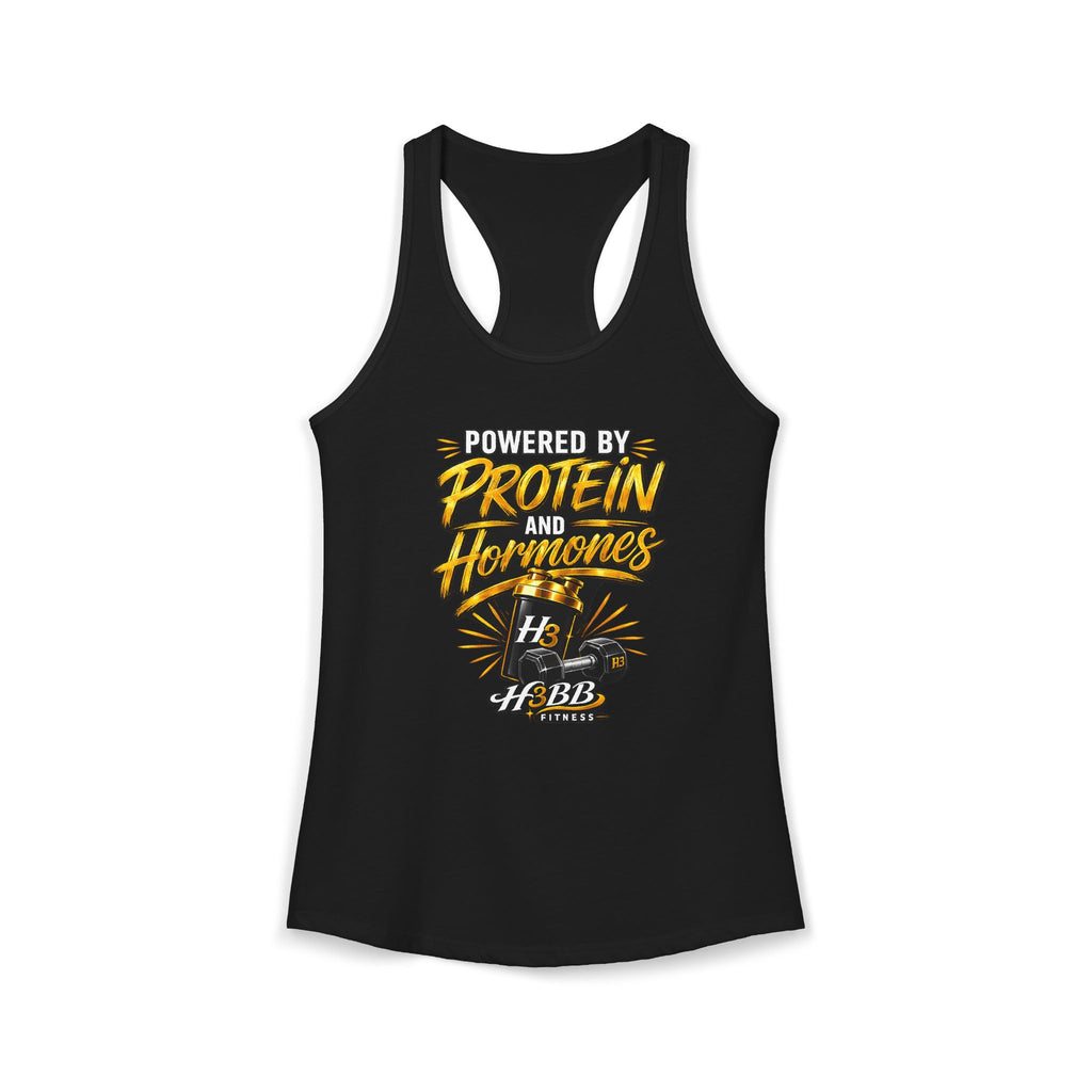 Powered By Protein and Hormones-  Women's Racerback Tank Black