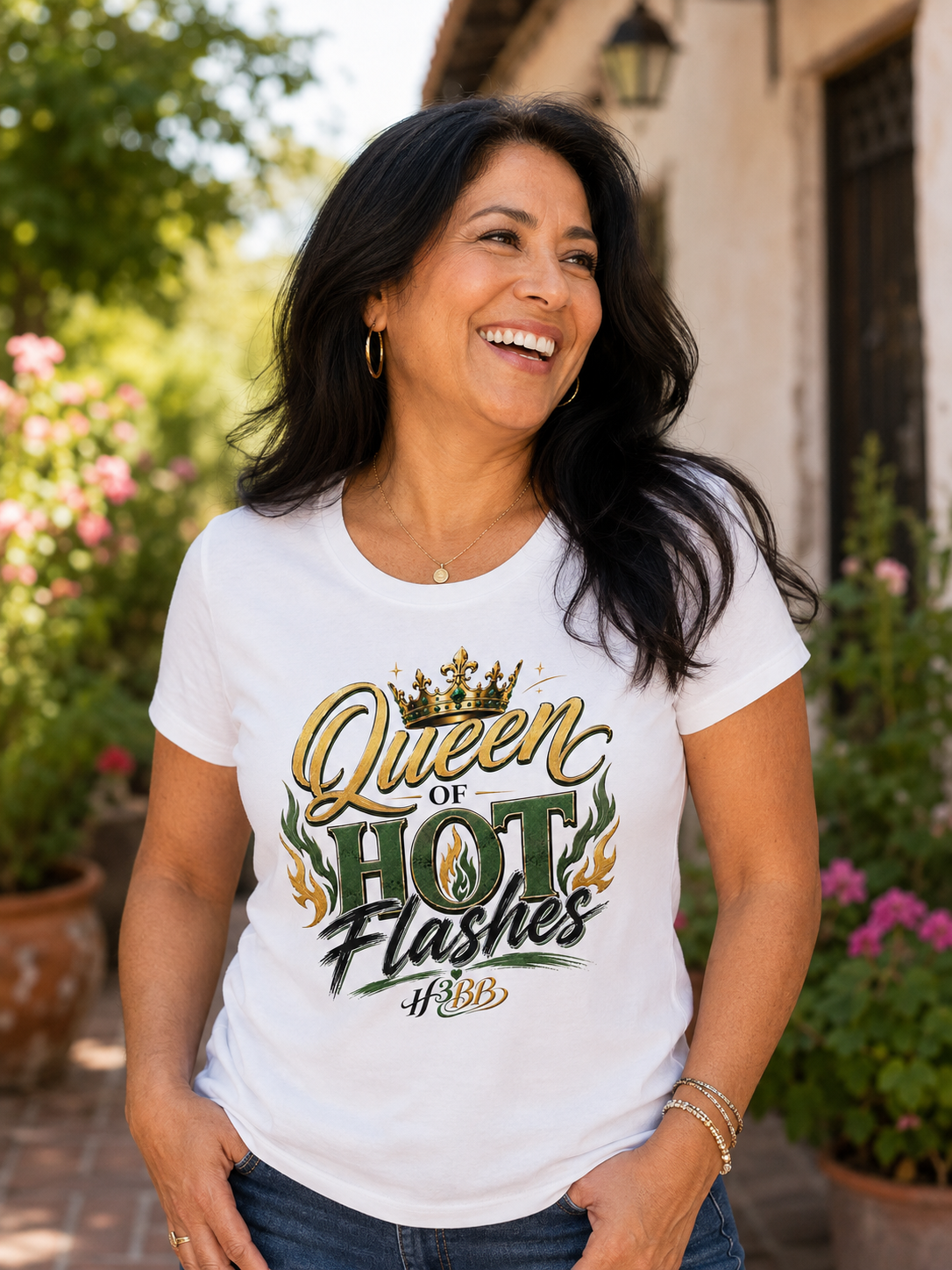 Queen of Hot Flashes- Women's Soft Style Tee White/Green