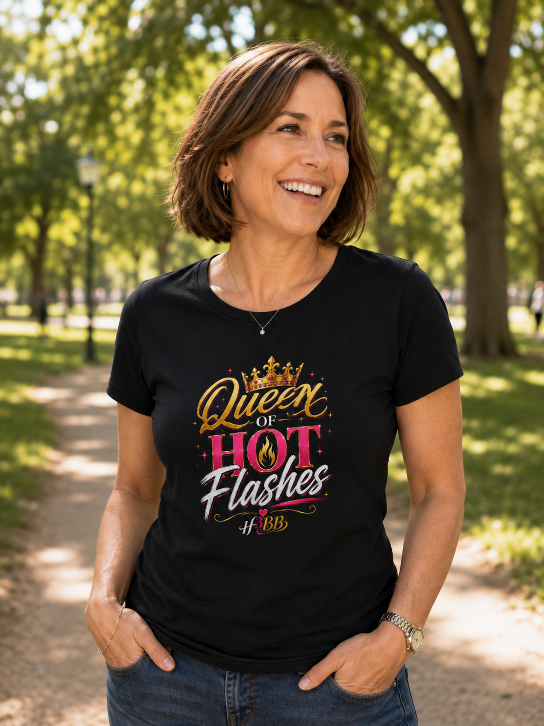 Queen of Hot Flashes- Women's Soft Style Tee Black